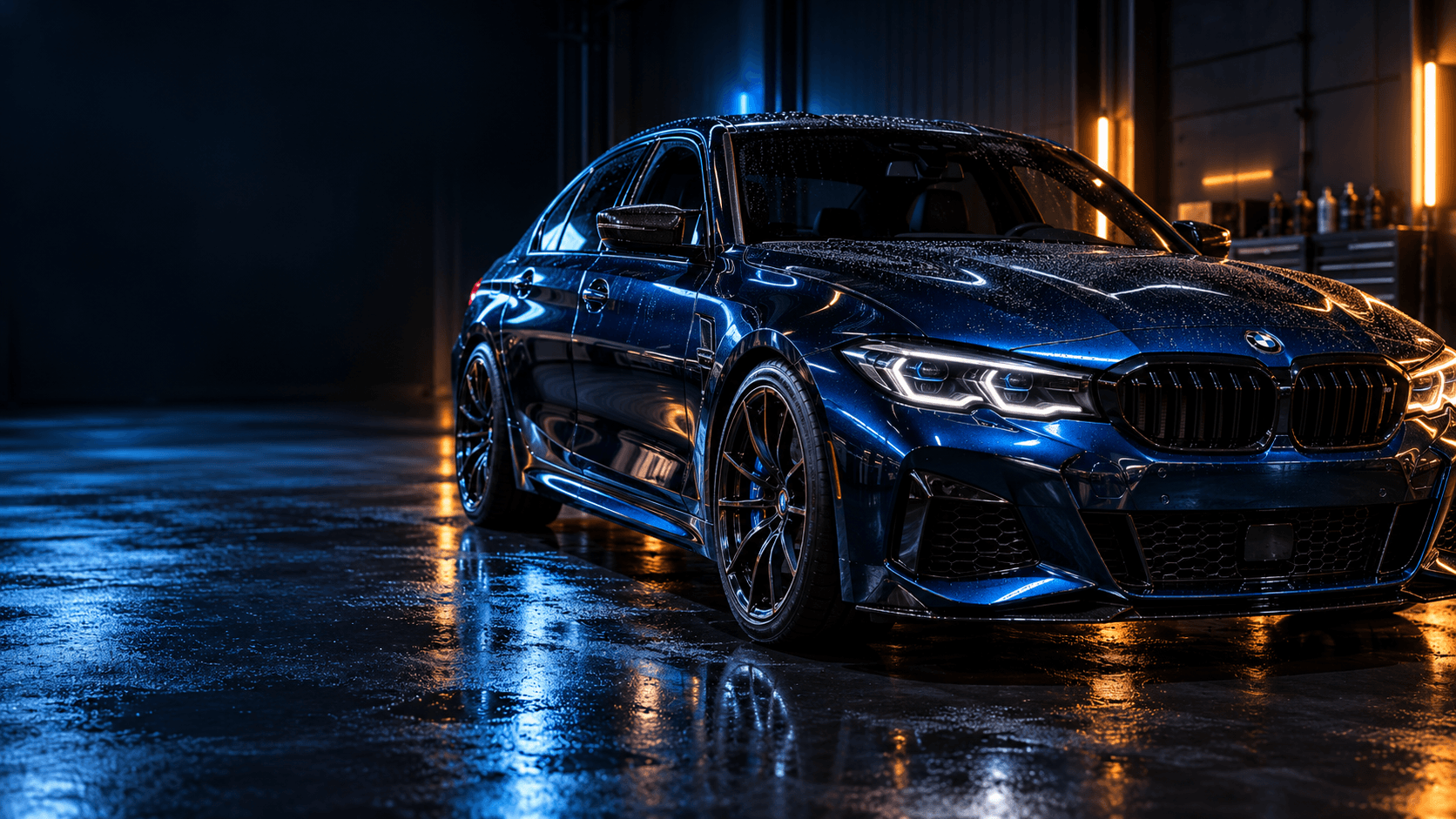 Premium blue vehicle in a detailing studio
